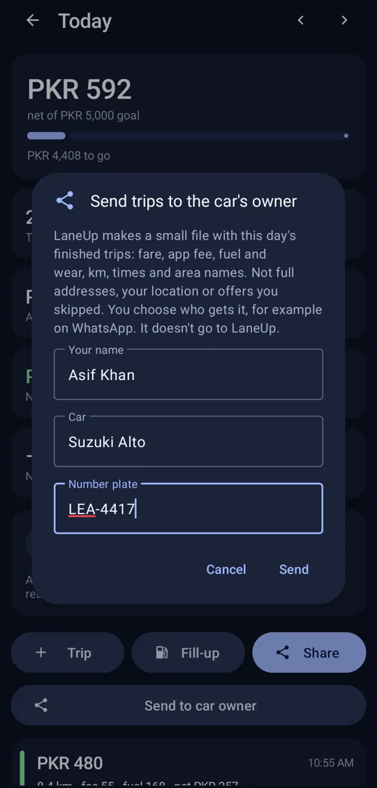 LaneUp میں گاڑی کے مالک کو ٹرپس بھیجنے کی ونڈو: فائل میں کیا ہے، اور ڈرائیور کا نام، گاڑی اور نمبر پلیٹ
