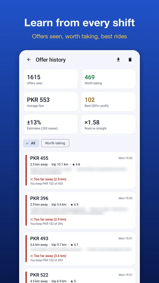 Learn from every shift: offer history screen
