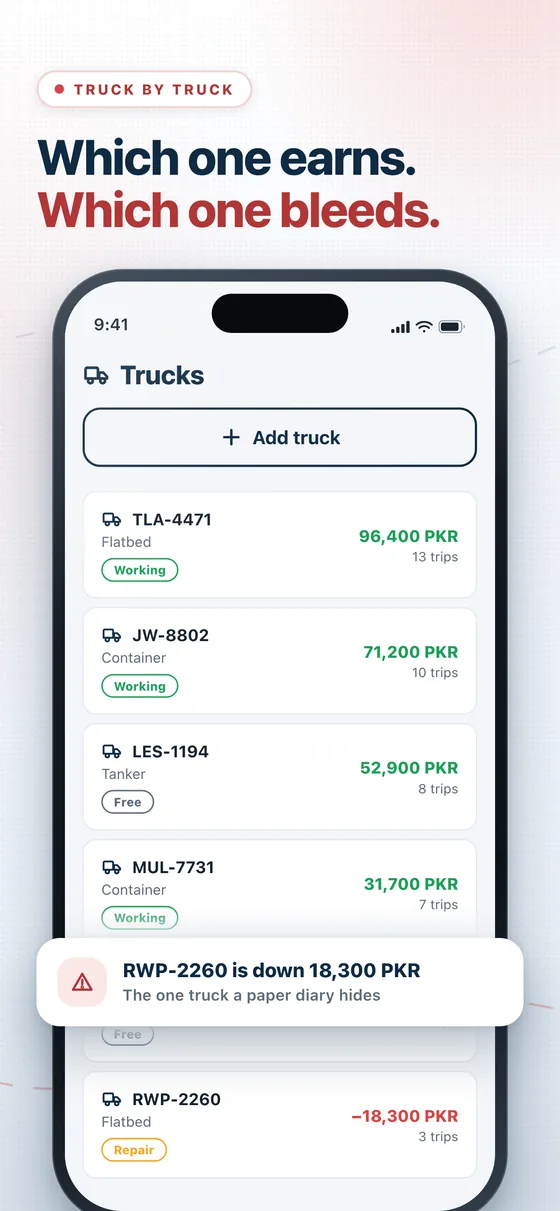 Truck Diary trucks screen: each truck with earnings, trips and status
